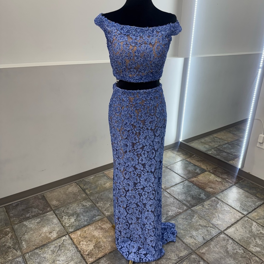 Elegant Blue Lace Off-Shoulder Gown